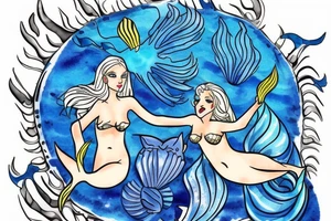 blue-eyed blonde mermaid helping a scuba diver to rise to the surface tattoo idea