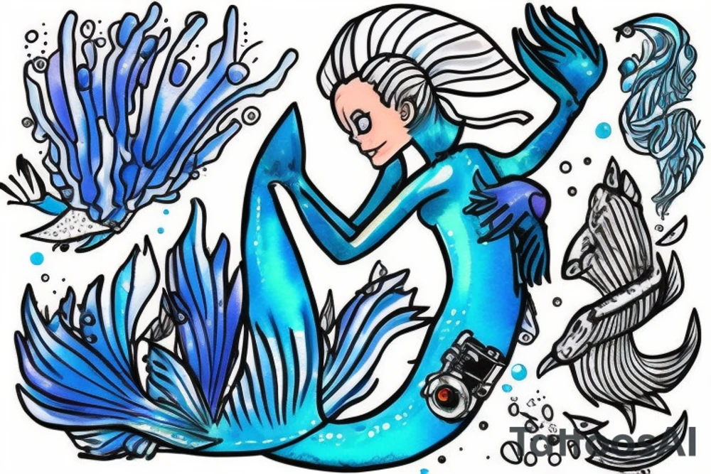 blue-eyed blonde mermaid helping a scuba diver to rise to the surface tattoo idea