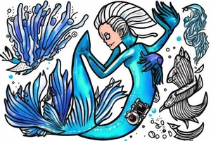 blue-eyed blonde mermaid helping a scuba diver to rise to the surface tattoo idea