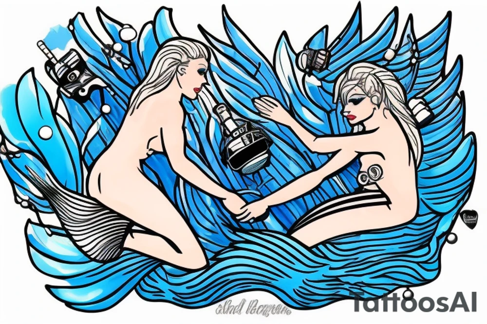 blue-eyed blonde mermaid helping a scuba diver to rise to the surface tattoo idea