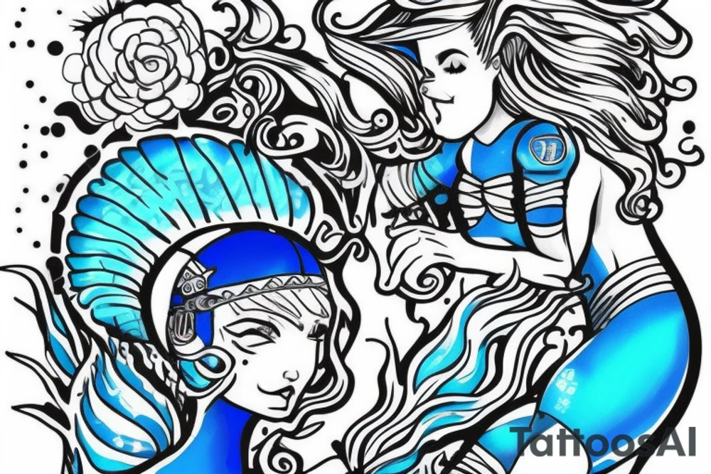 blue-eyed blonde mermaid helping a scuba diver to rise to the surface tattoo idea