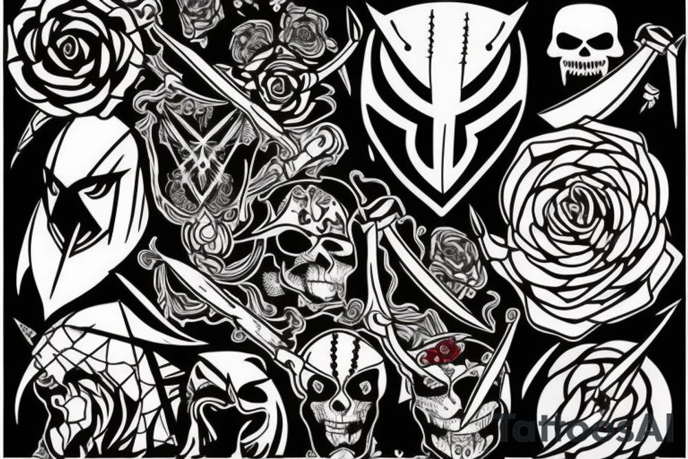 assassin's creed pirate flag with horns,roses and spears tattoo idea