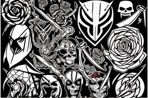 assassin's creed pirate flag with horns,roses and spears tattoo idea