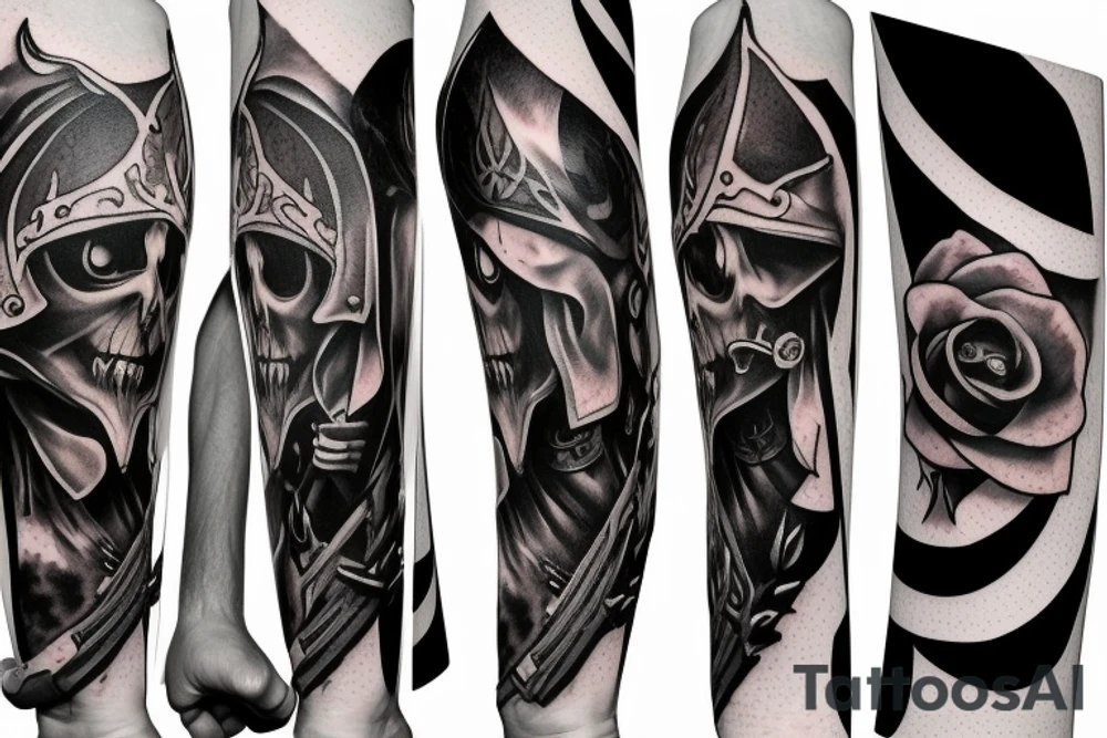 assassin's creed pirate flag with horns,roses and spears tattoo idea
