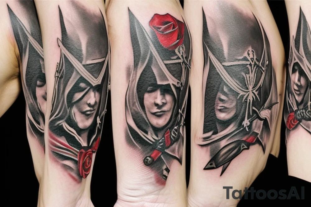 assassin's creed pirate flag with horns,roses and spears tattoo idea