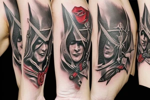 assassin's creed pirate flag with horns,roses and spears tattoo idea