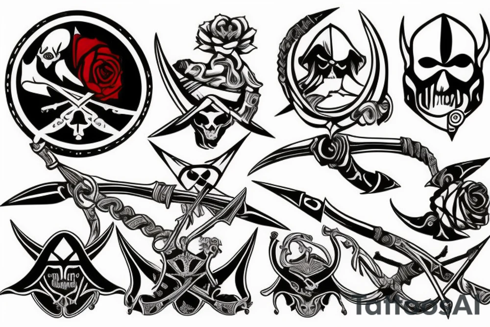 assassin's creed pirate flag with horns,roses and spears tattoo idea