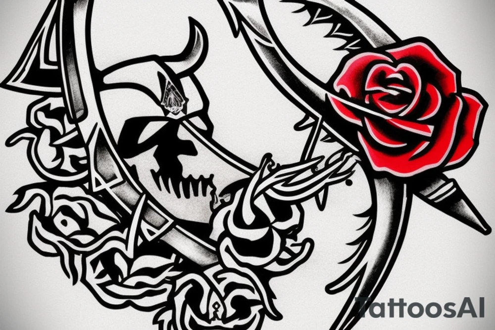 assassin's creed pirate flag with horns,roses and spears tattoo idea
