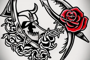 assassin's creed pirate flag with horns,roses and spears tattoo idea
