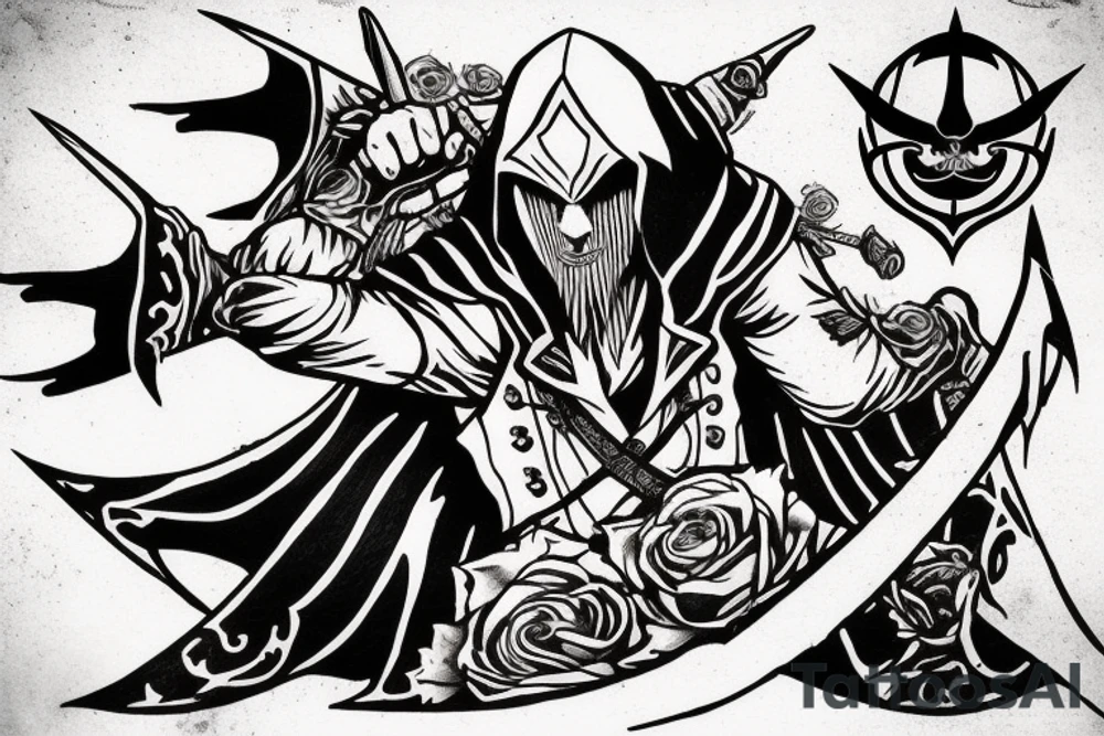 assassin's creed pirate flag with horns,roses and spears tattoo idea