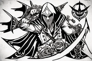assassin's creed pirate flag with horns,roses and spears tattoo idea