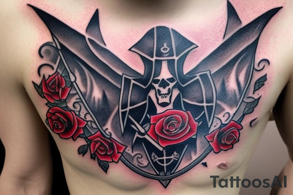 assassin's creed pirate flag with horns,roses and spears tattoo idea
