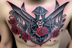 assassin's creed pirate flag with horns,roses and spears tattoo idea