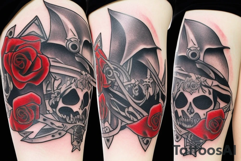assassin's creed pirate flag with horns,roses and spears tattoo idea
