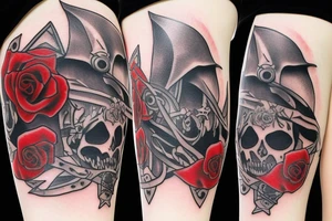 assassin's creed pirate flag with horns,roses and spears tattoo idea
