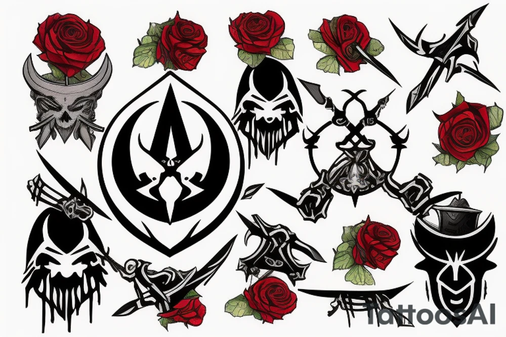 assassin's creed pirate flag with horns,roses and spears tattoo idea