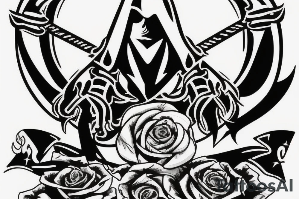 assassin's creed pirate flag with horns,roses and spears tattoo idea