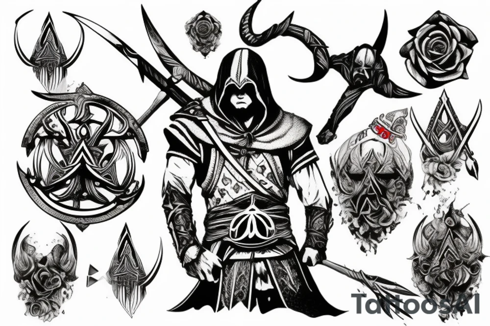 assassin's creed viking flag with horns,roses and spears tattoo idea