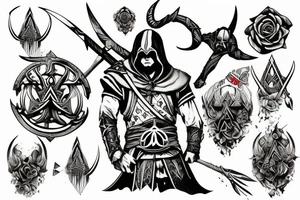 assassin's creed viking flag with horns,roses and spears tattoo idea