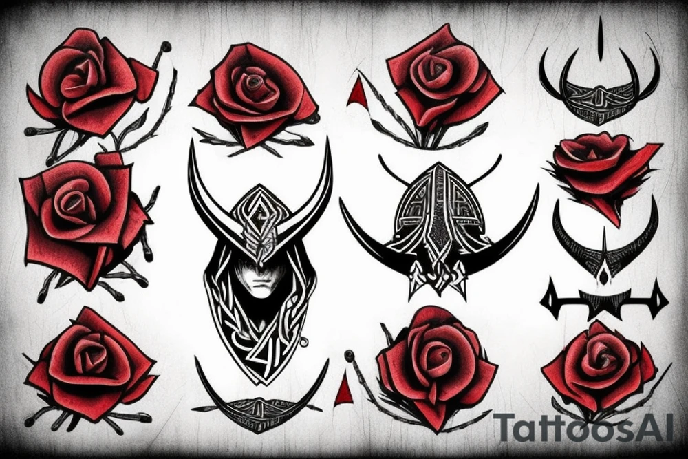 assassin's creed viking flag with horns,roses and spears tattoo idea
