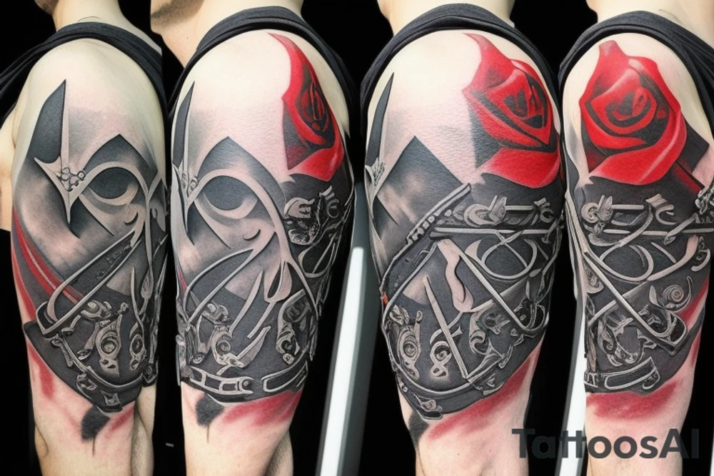 an assassin's creed pirate flag has a crest in the middle that has horns,roses and spears tattoo idea