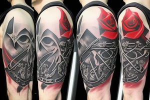 an assassin's creed pirate flag has a crest in the middle that has horns,roses and spears tattoo idea