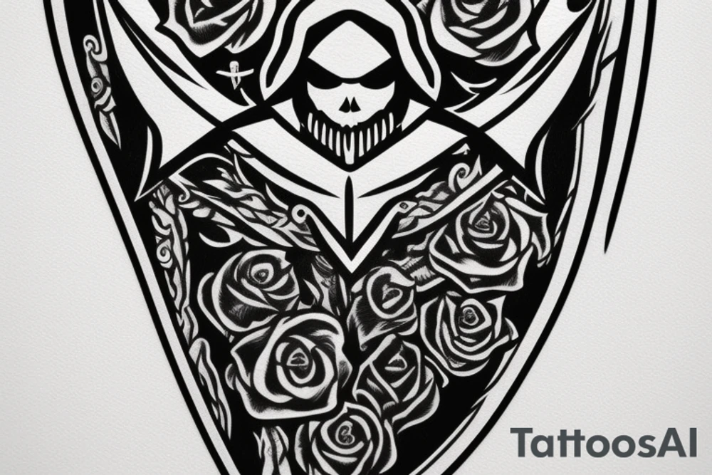 an assassin's creed pirate flag has a crest in the middle that has horns,roses and spears tattoo idea