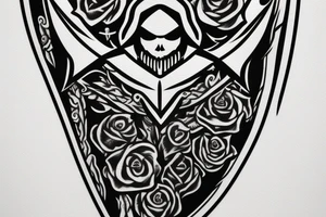 an assassin's creed pirate flag has a crest in the middle that has horns,roses and spears tattoo idea