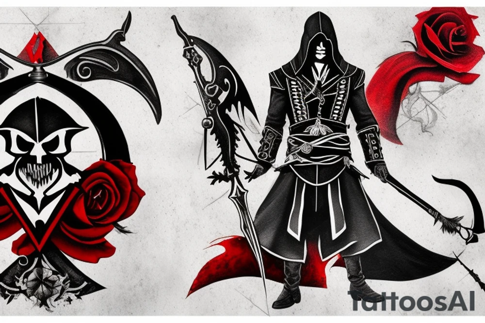 an assassin's creed pirate flag has a crest in the middle that has horns,roses and spears tattoo idea