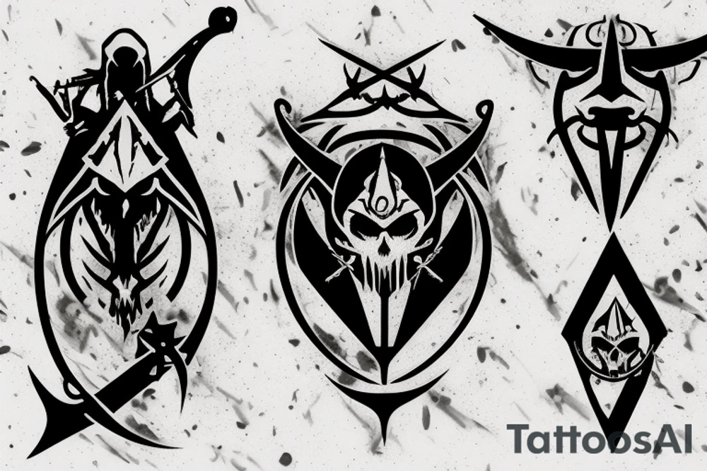 an assassin's creed pirate flag has a crest in the middle that has horns,roses and spears tattoo idea