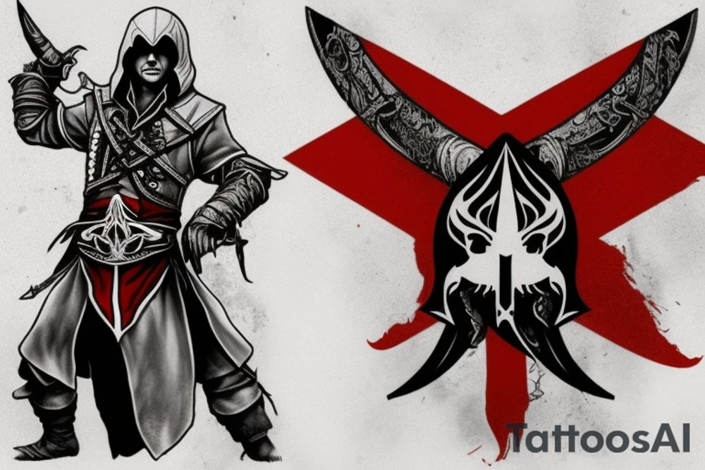 an assassin's creed pirate flag has a crest in the middle that has horns,scythesand spears tattoo idea