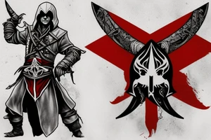 an assassin's creed pirate flag has a crest in the middle that has horns,scythesand spears tattoo idea