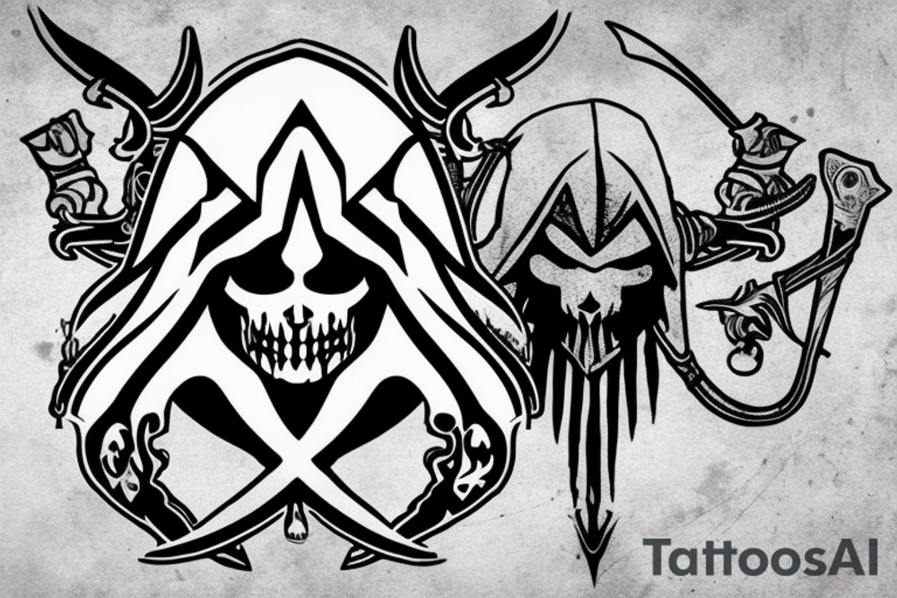 an assassin's creed pirate flag has a crest in the middle that has horns,scythes and spears tattoo idea