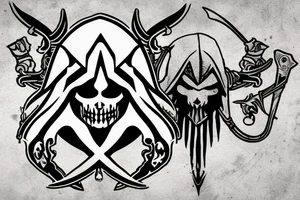 an assassin's creed pirate flag has a crest in the middle that has horns,scythes and spears tattoo idea