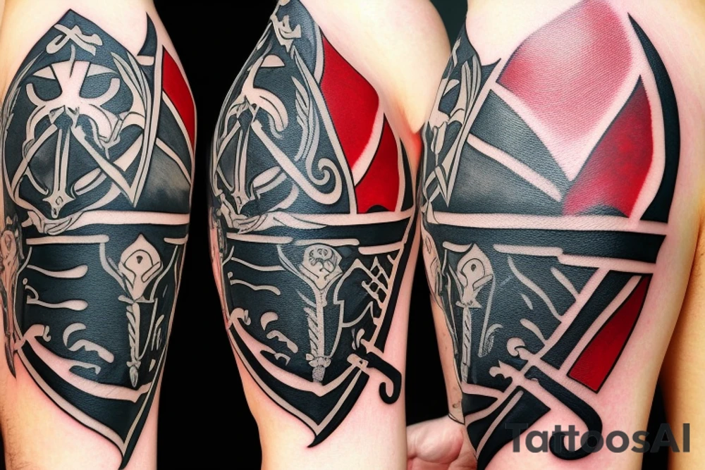 an assassin's creed pirate flag has a crest in the middle that has horns,scythes and spears tattoo idea