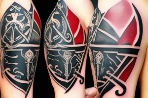an assassin's creed pirate flag has a crest in the middle that has horns,scythes and spears tattoo idea