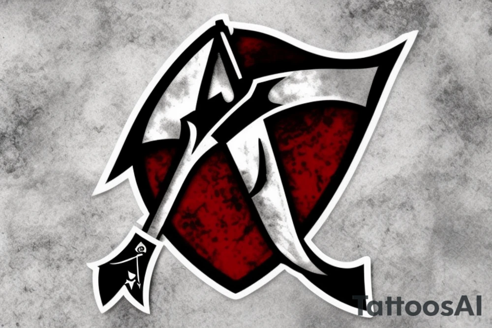 an assassin's creed pirate flag has a crest in the middle that has horns,scythes and spears tattoo idea