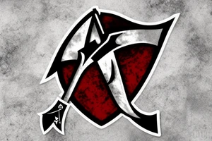 an assassin's creed pirate flag has a crest in the middle that has horns,scythes and spears tattoo idea