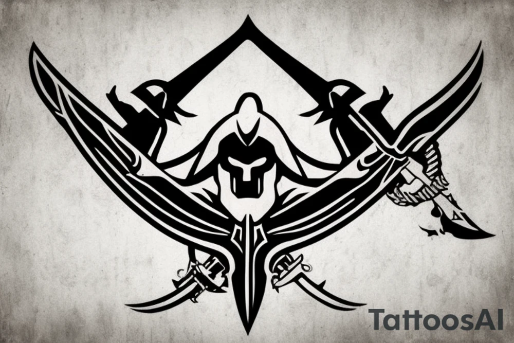 an assassin's creed pirate flag has a crest in the middle that has horns,scythes and spears tattoo idea
