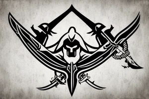 an assassin's creed pirate flag has a crest in the middle that has horns,scythes and spears tattoo idea