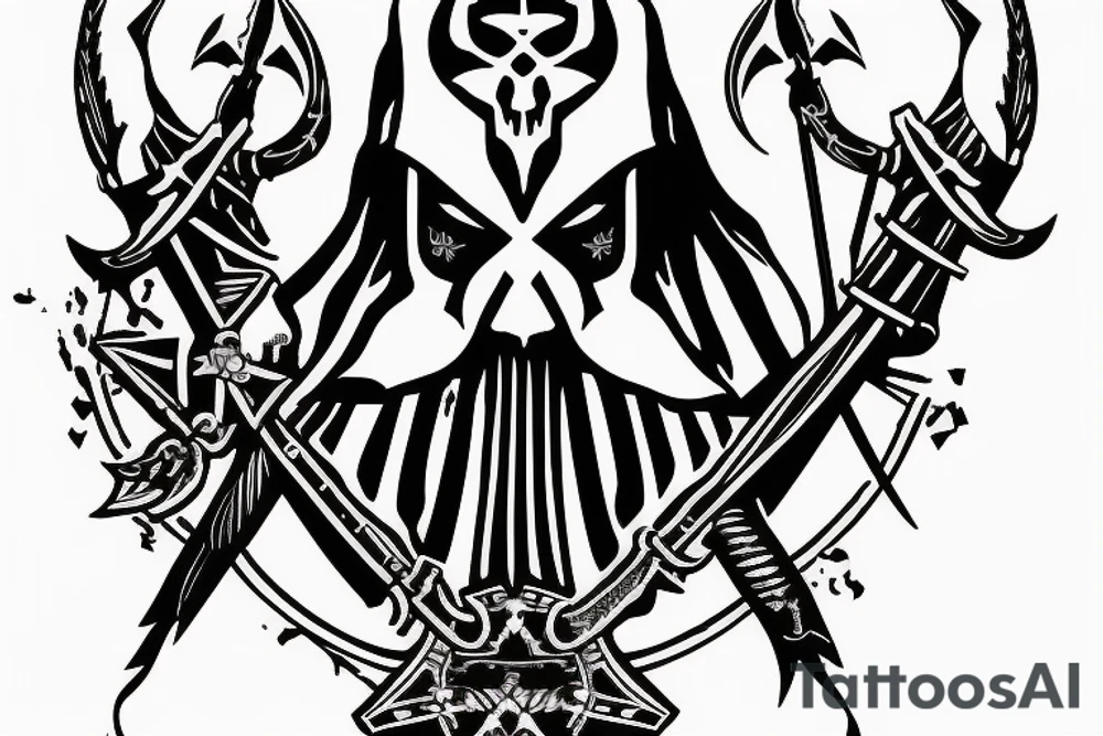 an assassin's creed pirate flag has a crest in the middle that has horns,scythes and spears tattoo idea