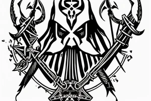 an assassin's creed pirate flag has a crest in the middle that has horns,scythes and spears tattoo idea