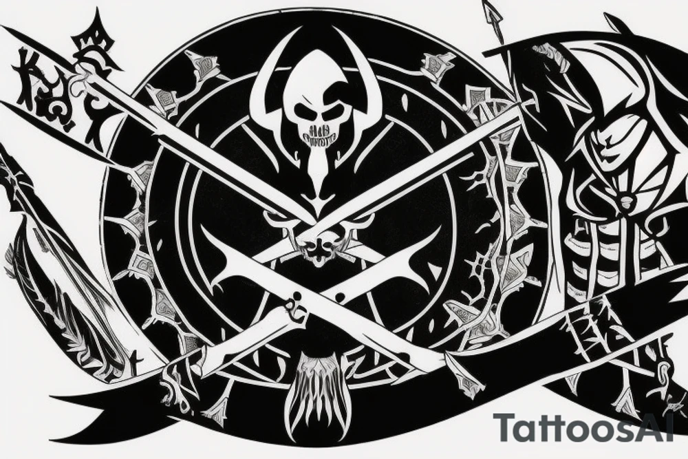 an assassin's creed pirate flag has a crest in the middle that has horns,scythes and spears tattoo idea
