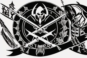 an assassin's creed pirate flag has a crest in the middle that has horns,scythes and spears tattoo idea