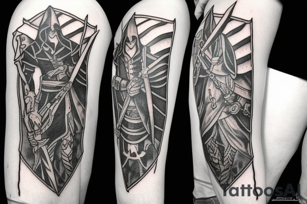an assassin's creed pirate flag has a crest in the middle that has horns,scythes and spears tattoo idea