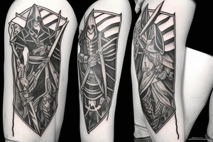 an assassin's creed pirate flag has a crest in the middle that has horns,scythes and spears tattoo idea