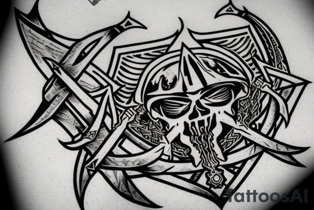 an assassin's creed pirate flag has a crest in the middle that has horns,scythes and spears tattoo idea