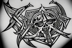 an assassin's creed pirate flag has a crest in the middle that has horns,scythes and spears tattoo idea