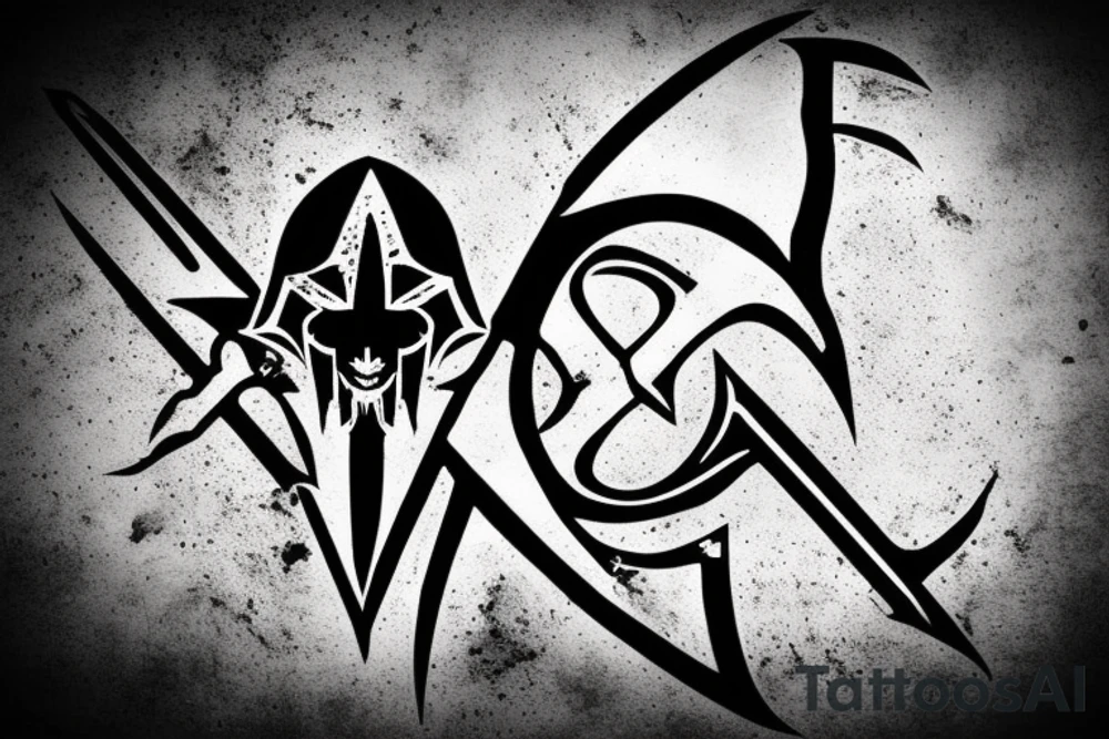 an assassin's creed pirate flag has a crest in the middle that has horns,scythes and spears tattoo idea