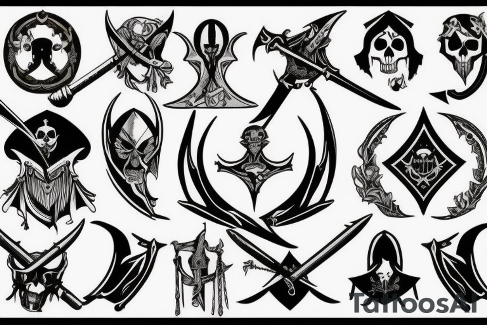 an assassin's creed pirate flag has a crest in the middle that has horns,scythes and spears tattoo idea